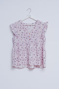 Blusa púrpura com bordados e detalhes de rufos