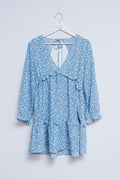 Vestido de tarde curto azul com costas abertas e estampado floral
