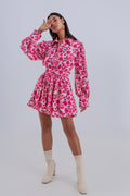 Vestido curto fúcsia largo com estampa floral vintage