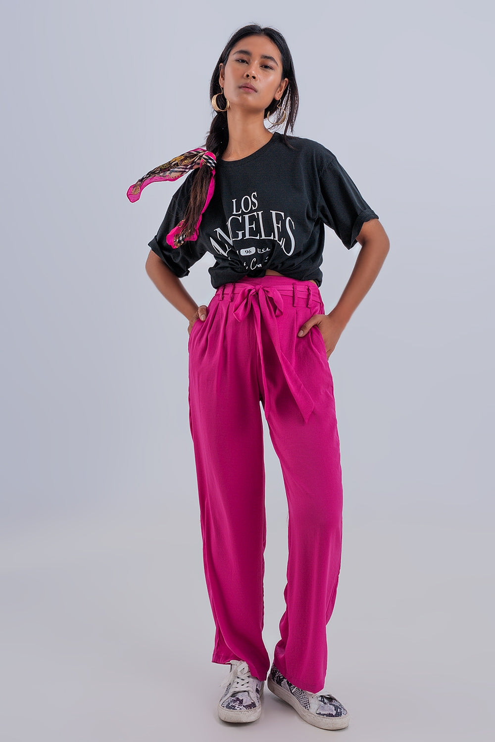 Calças de perna larga Fuchsia com cinto