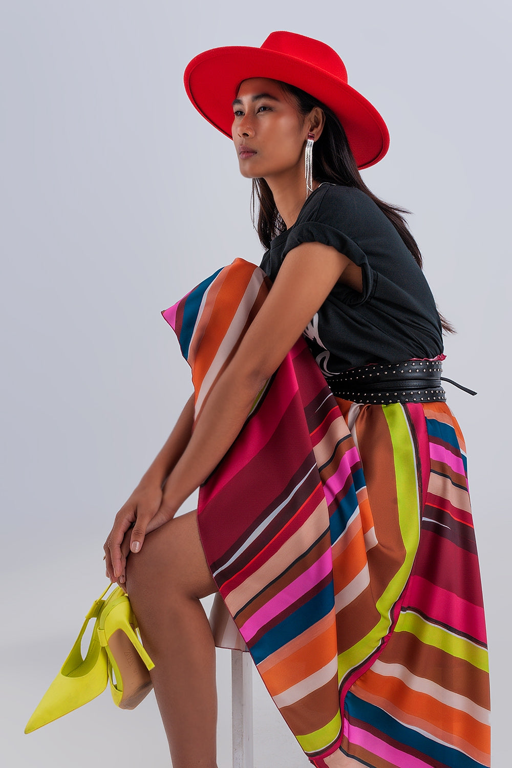 Saia midi Fuchsia com cintura elástica