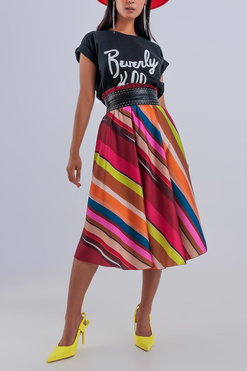 Saia midi Fuchsia com cintura elástica