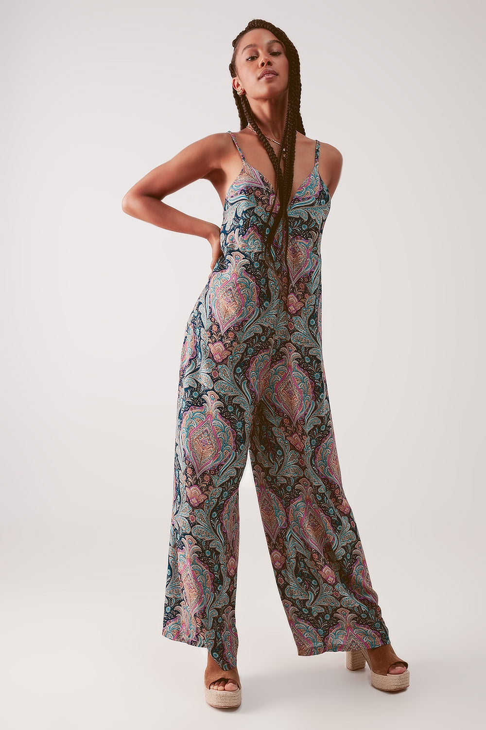 Macacão de perna larga em impressão paisley azul