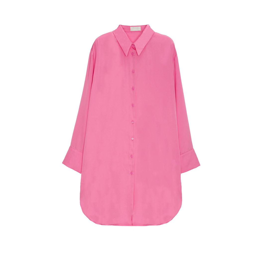 Camisa de botão de manga comprida de cetim rosa