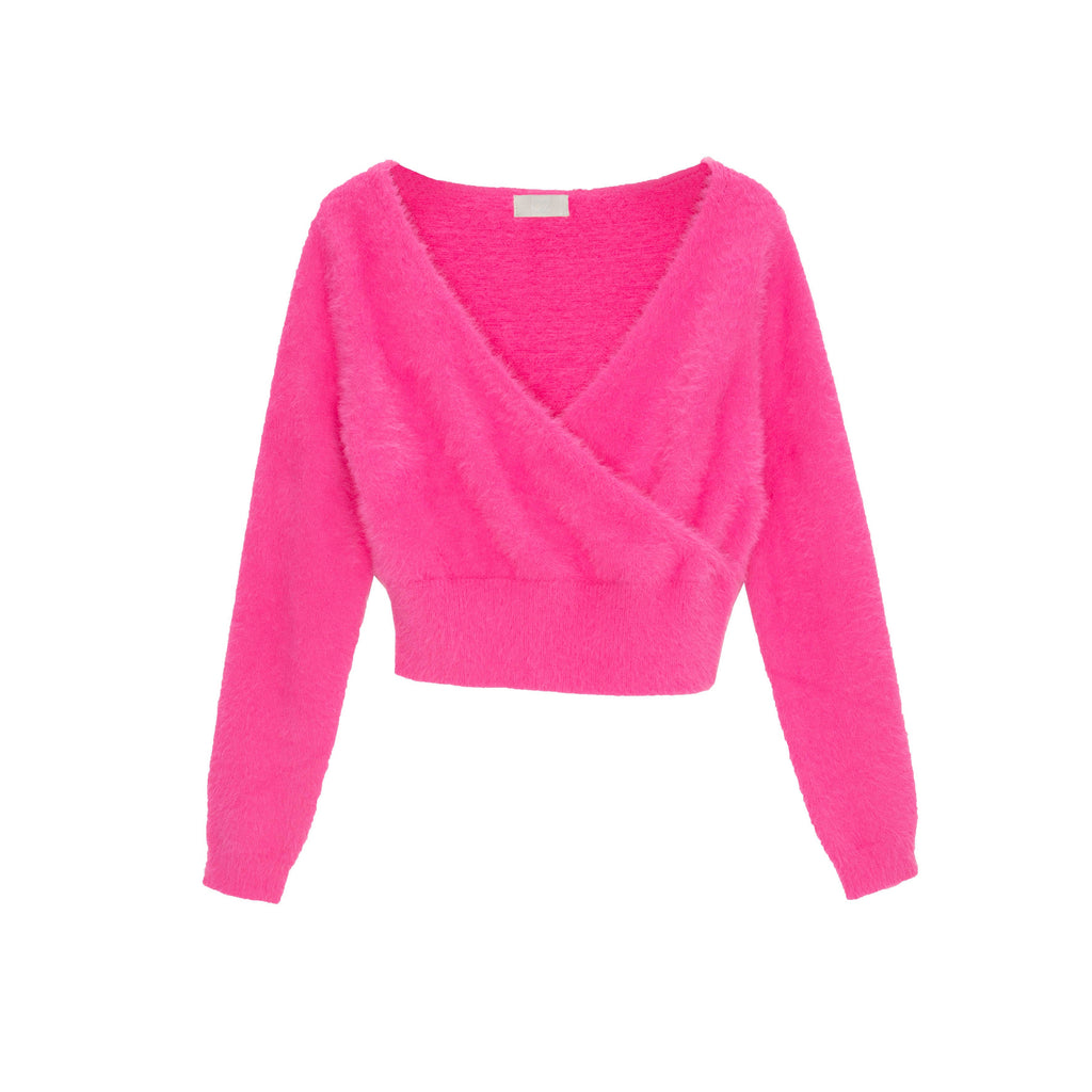 Camisola de malha fofa v pescoço em fuchsia
