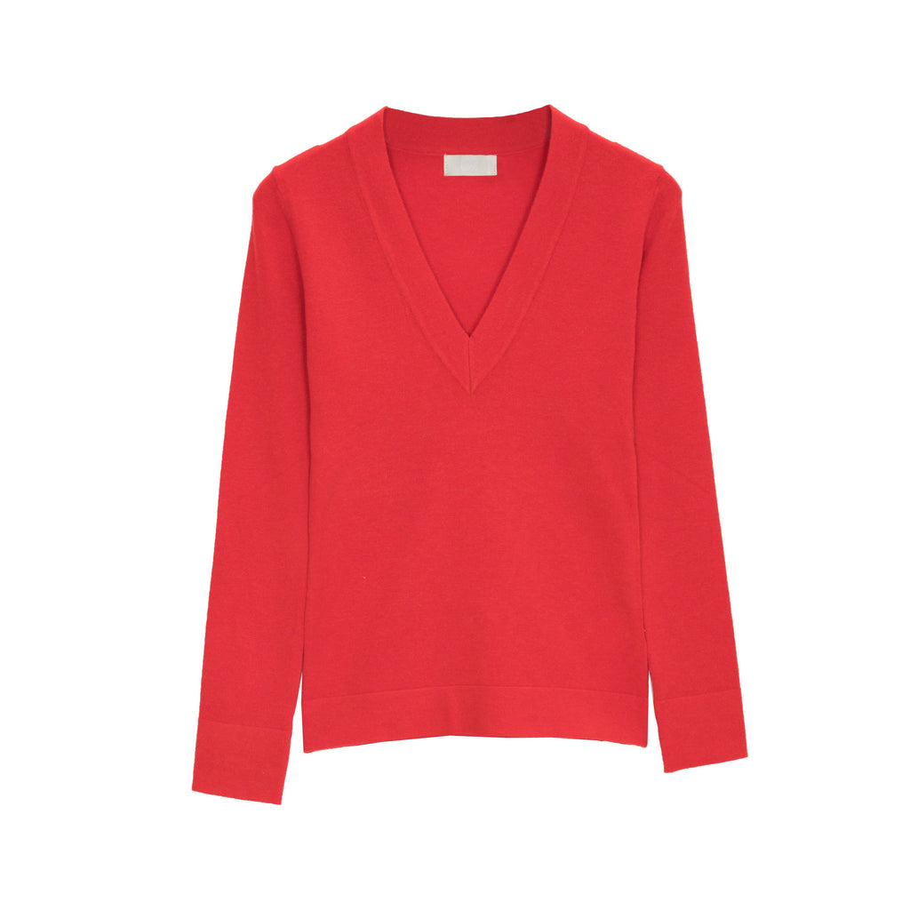 Camisola em V de malha fina vermelho