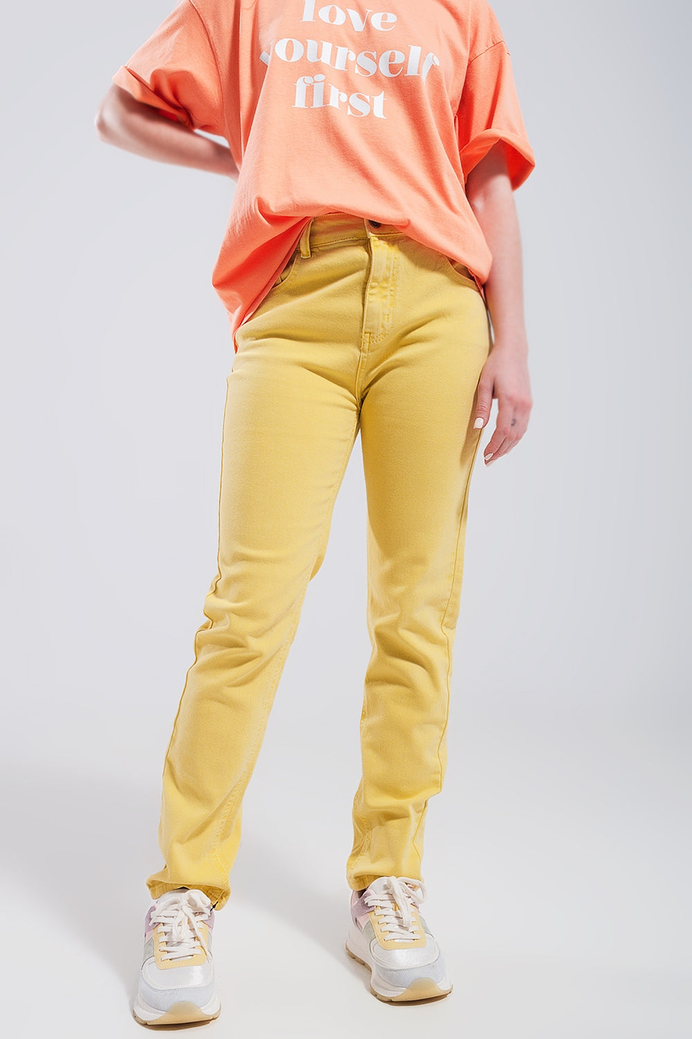 Calças de ganga skinny de esticar algodão amarelo