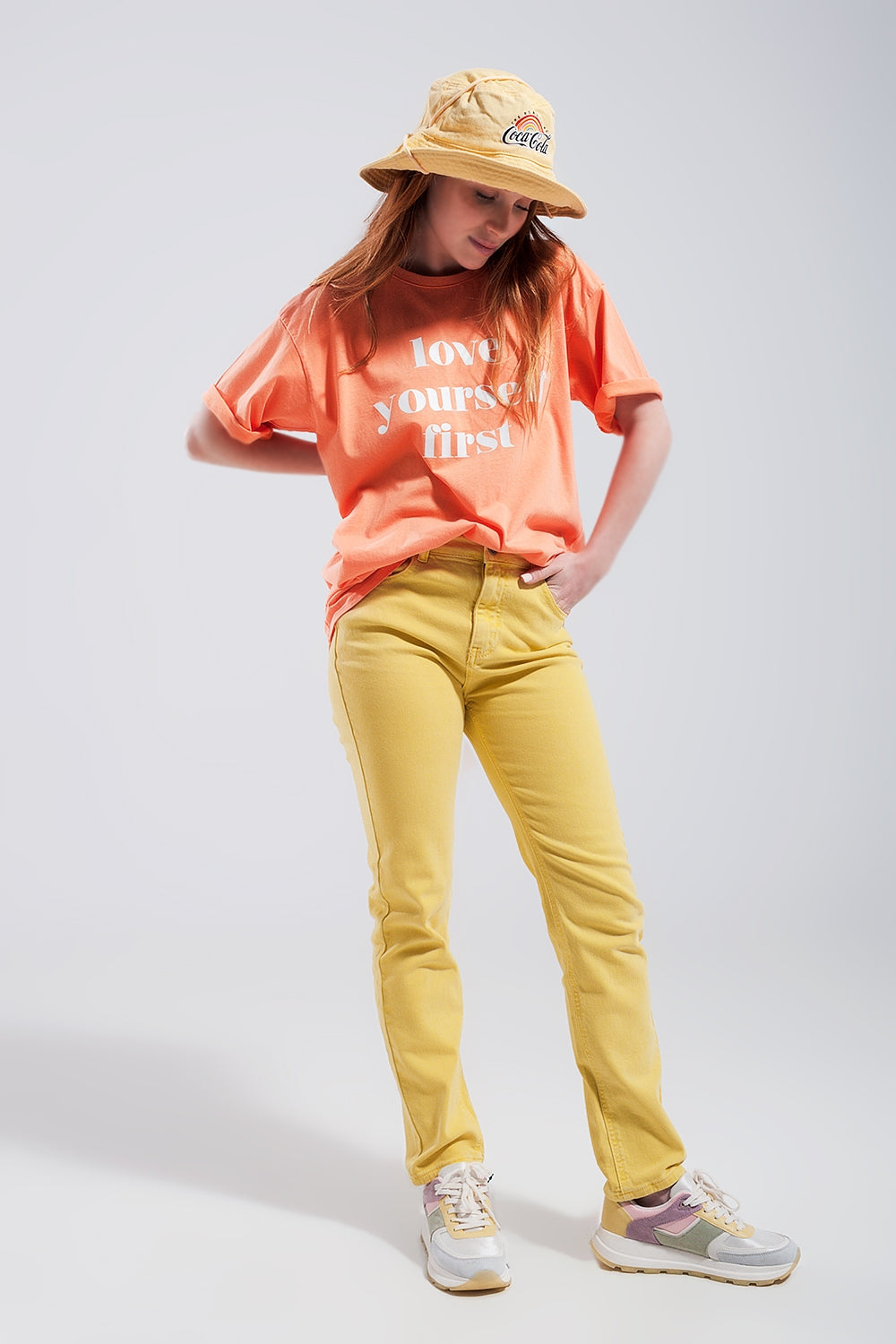 Calças de ganga skinny de esticar algodão amarelo
