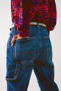 Calças de ganga stretch boyfriend de algodão em meio azul