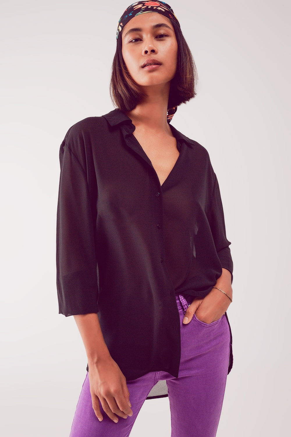 Camisa preta transparente chiffon