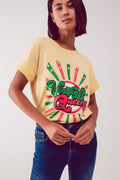 T shirt com impressão gráfica Vintage Queens amarela