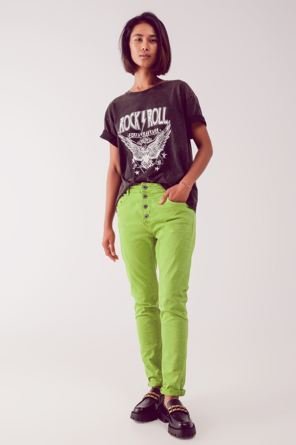 Calças de ganga skinny verde com fecho de botão exposto