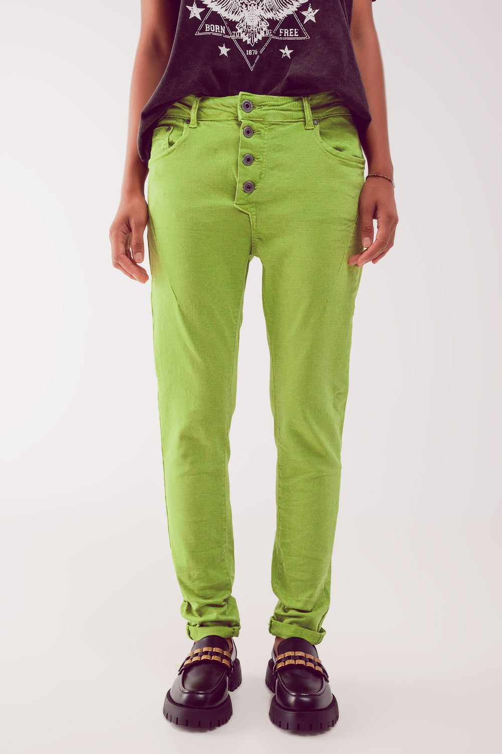 Calças de ganga skinny verde com fecho de botão exposto