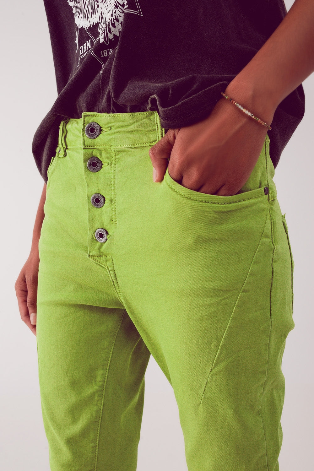 Calças de ganga skinny verde com fecho de botão exposto