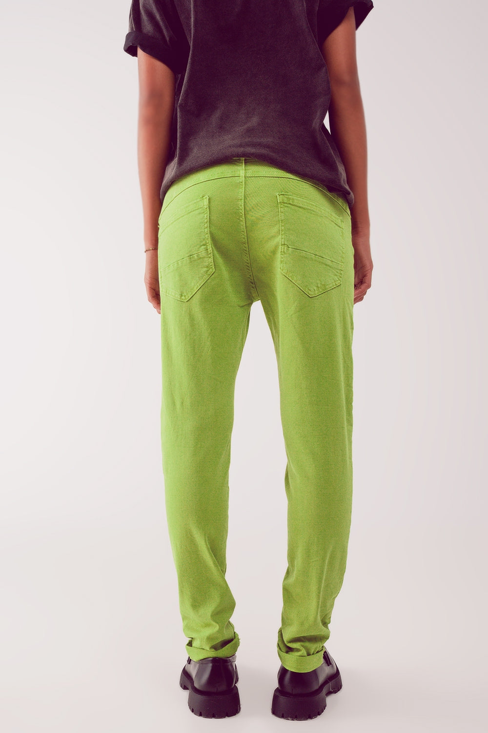 Calças de ganga skinny verde com fecho de botão exposto