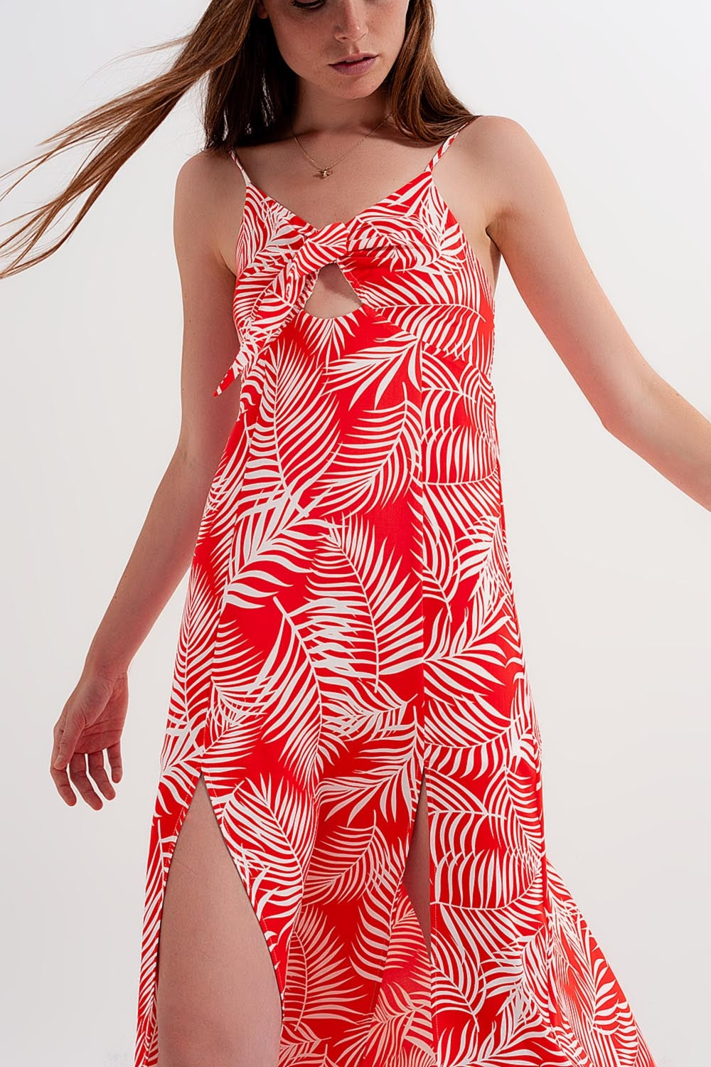 Vestido Maxi vermelho com estampado de folhas