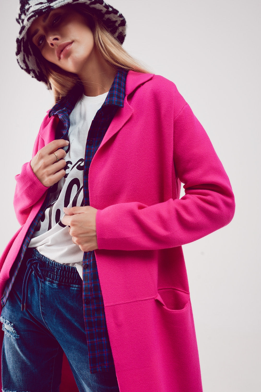 Cardigan de gola oversized em fuchsia
