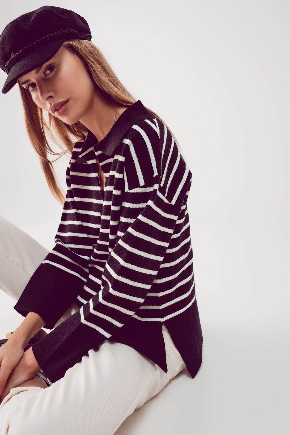 Camisola de pescoço polo listrado preto