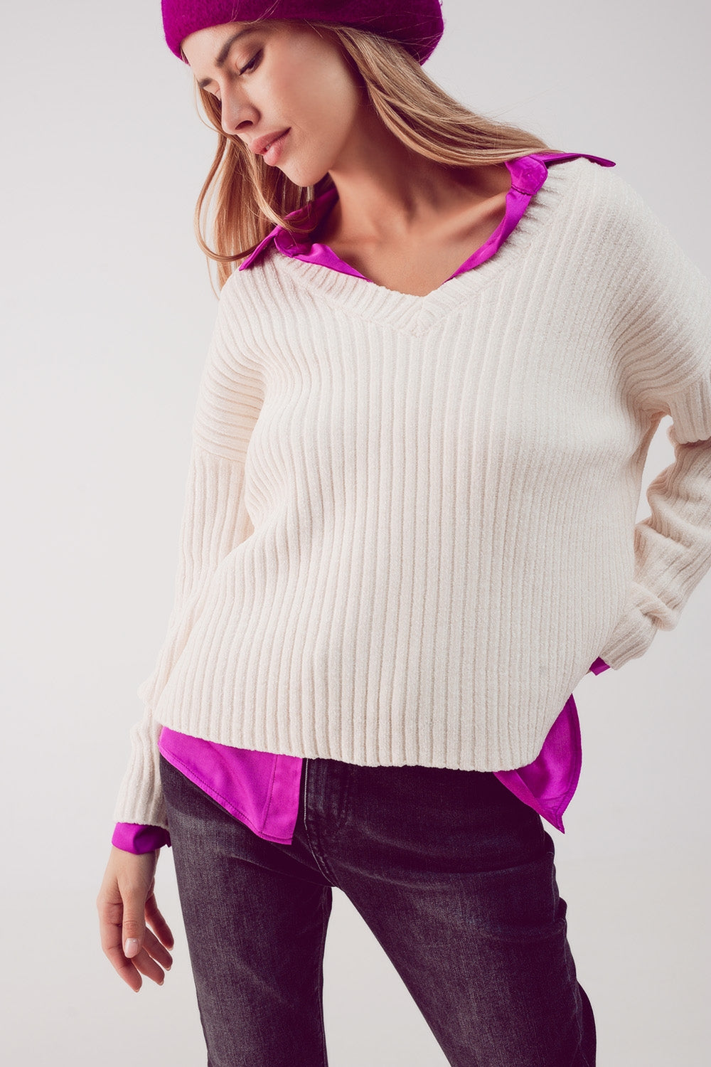 Camisola de malha de chenille em creme