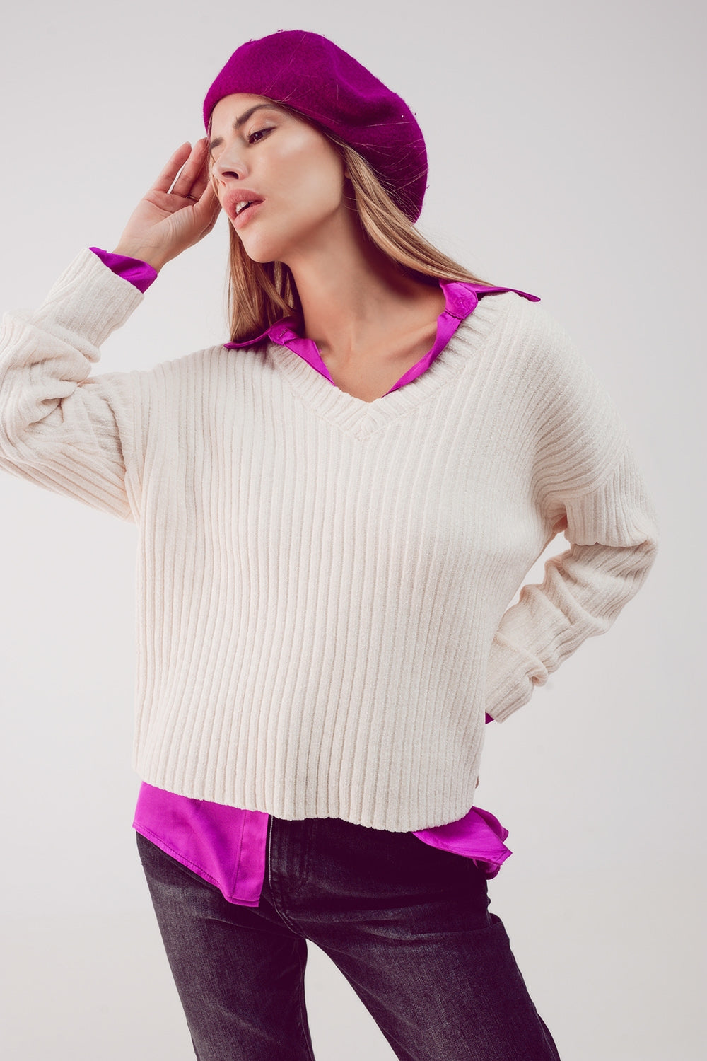 Camisola de malha de chenille em creme