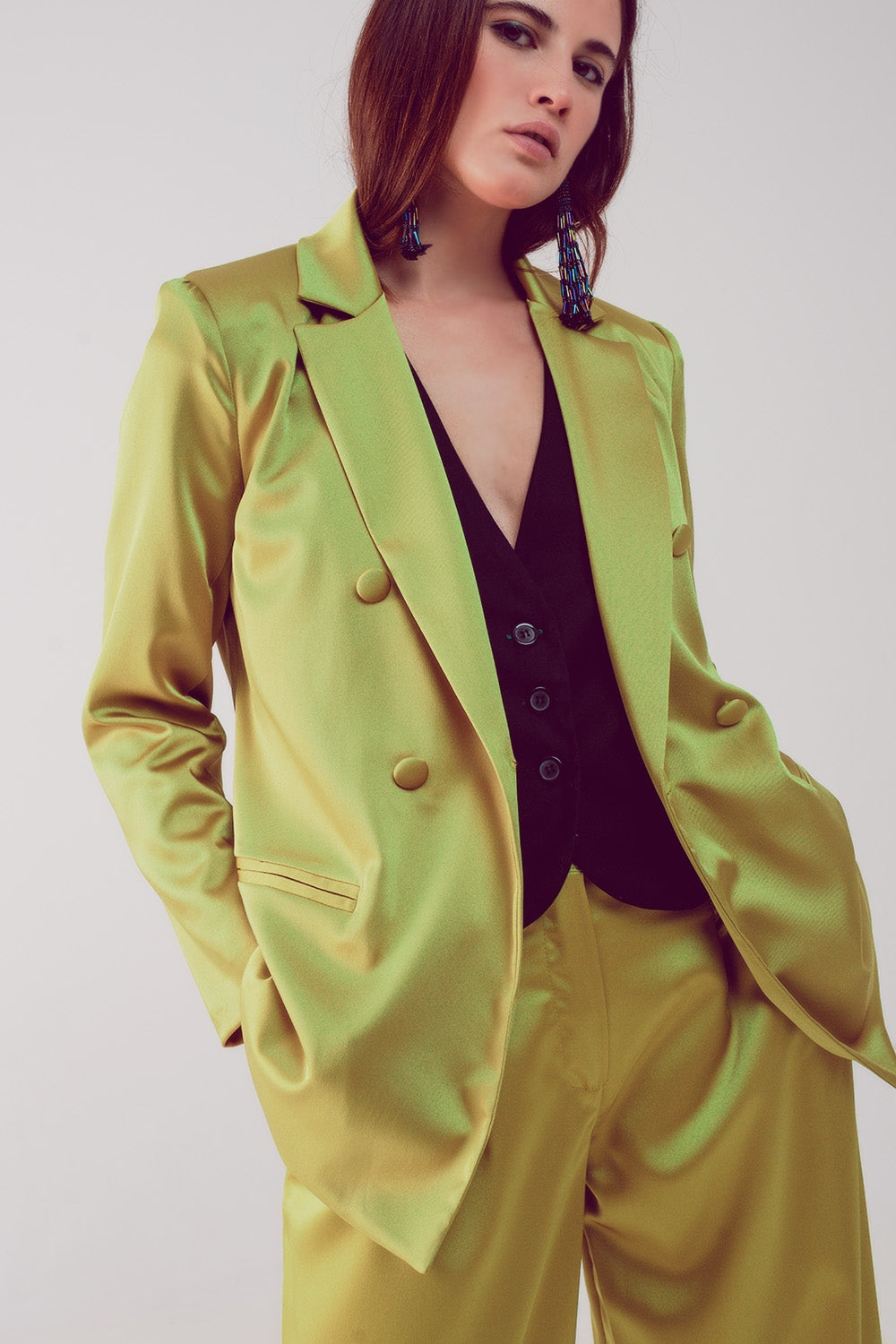 Elegante blazer de cetim com botões de peito duplo em lima