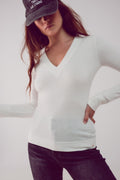 Camisola de malha fina com decote em V em creme