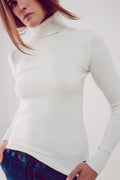 Camisola de malha fina de pescoço alto em crema