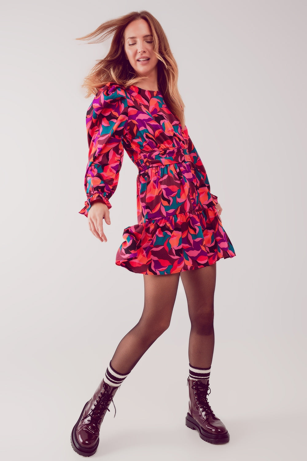 Mini vestido de manga de Puff em fuchsia