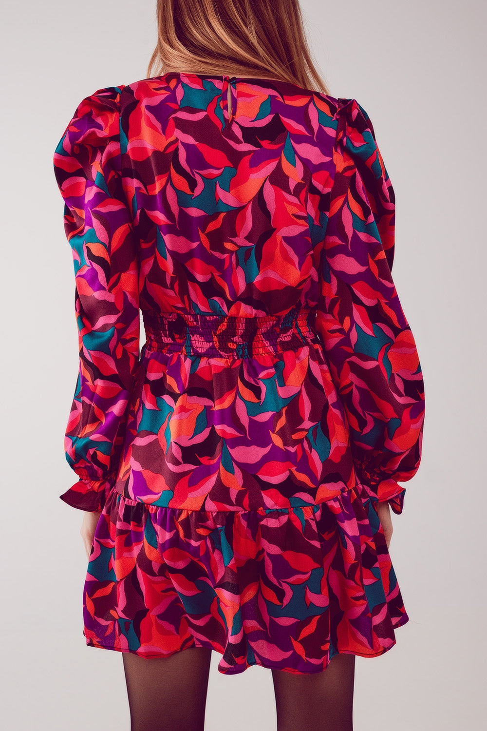 Mini vestido de manga de Puff em fuchsia