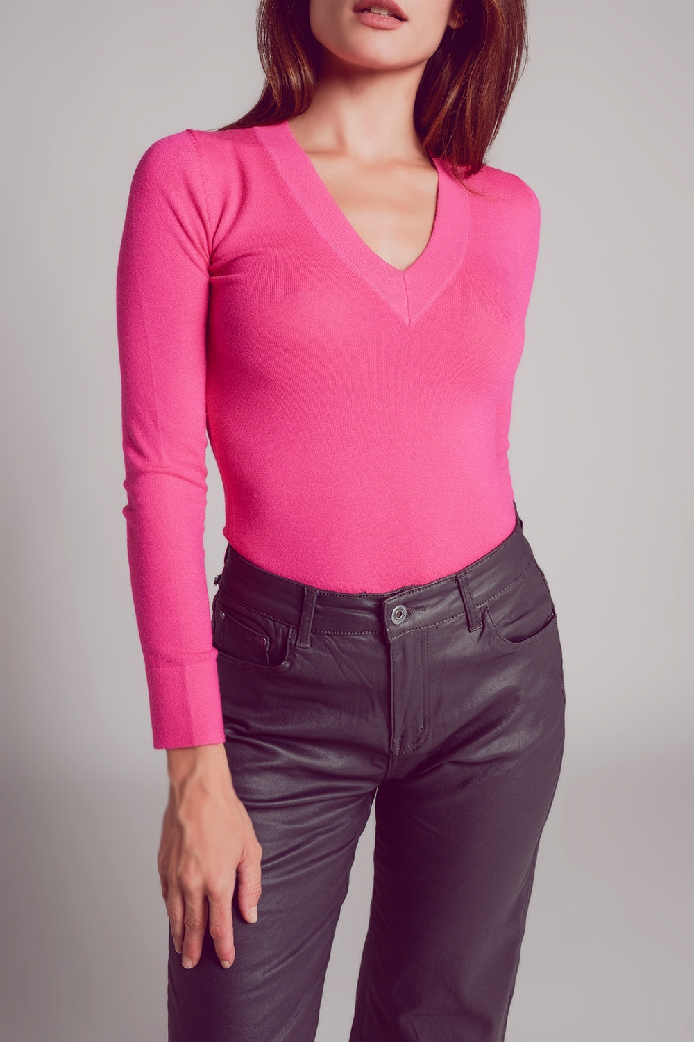 Camisola de malha fina com decote em V em fuchsia