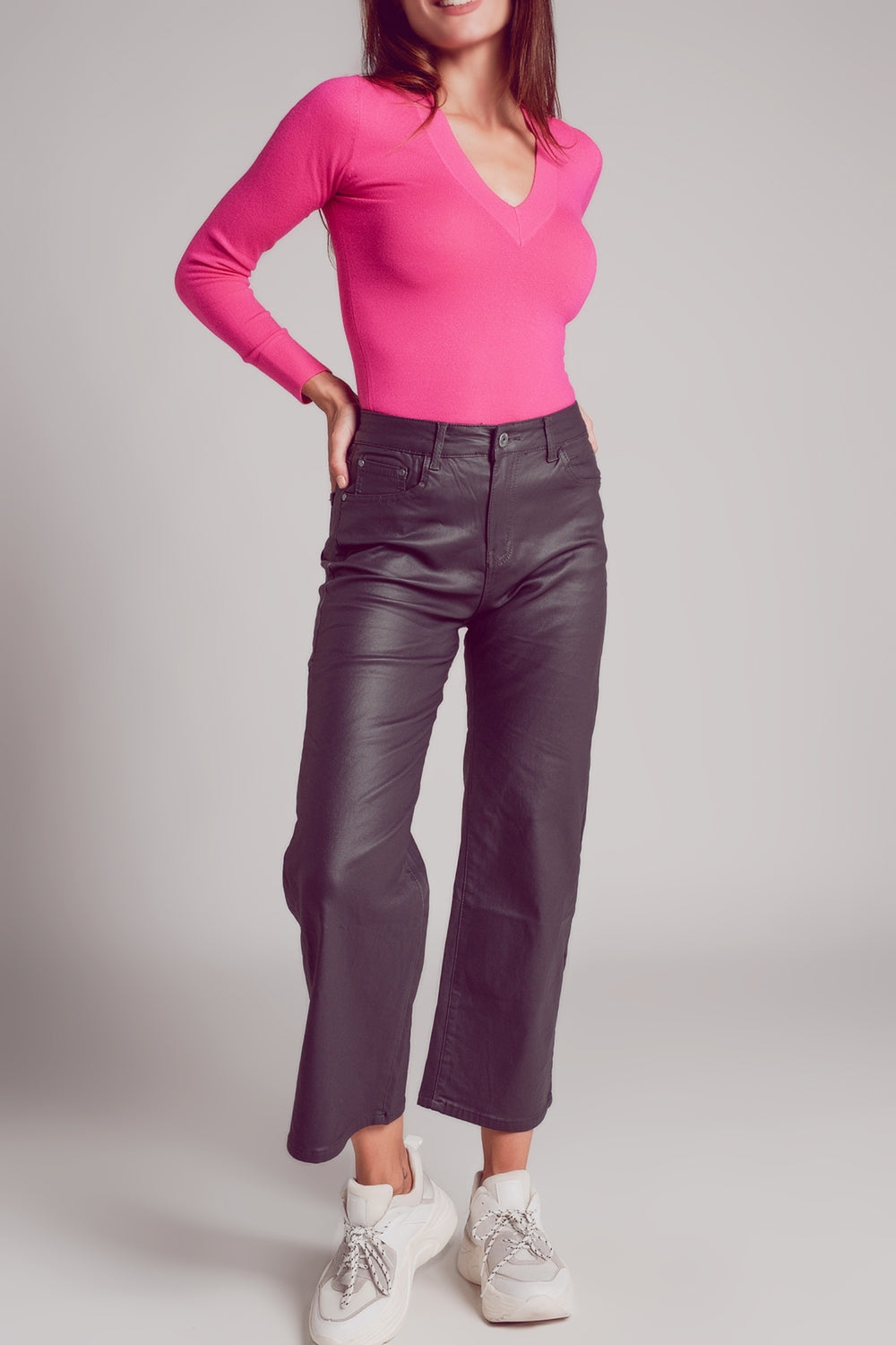 Camisola de malha fina com decote em V em fuchsia