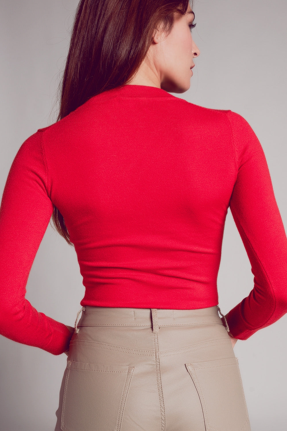 Camisola em V de malha fina vermelho