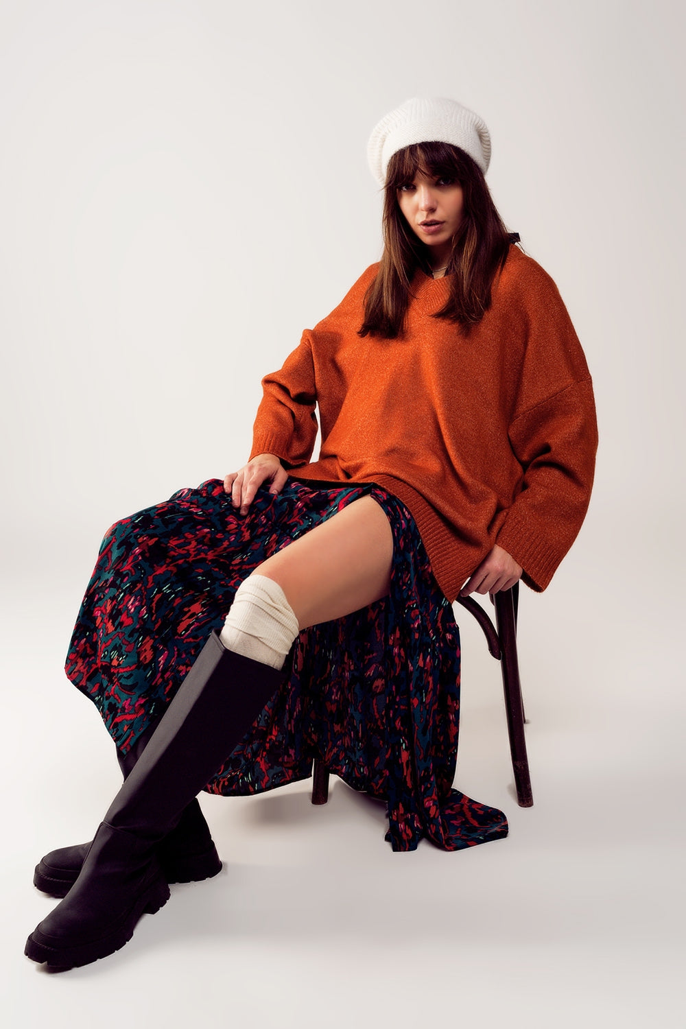 Vestido camisola oversize com decote em V laranja