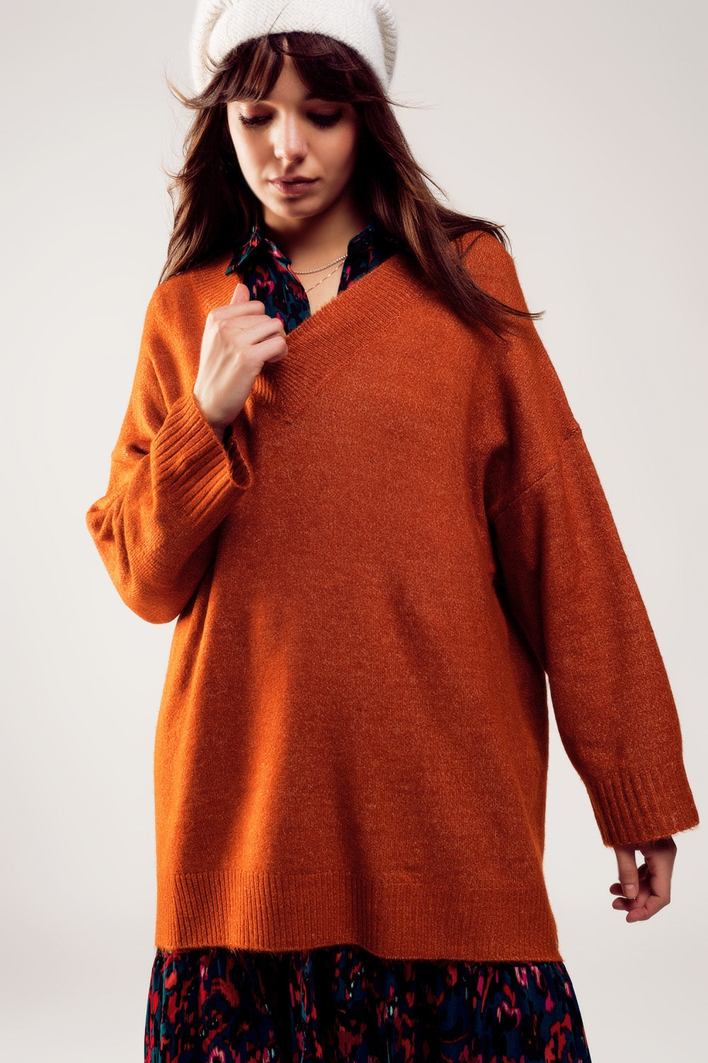 Vestido camisola oversize com decote em V laranja