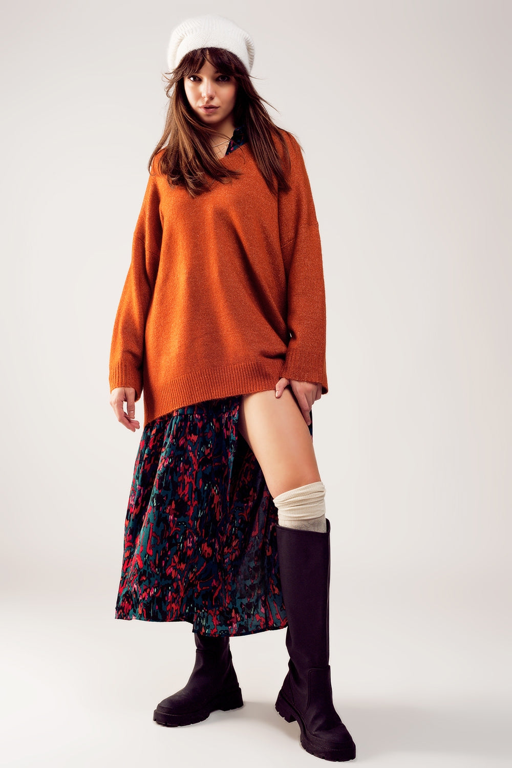 Vestido camisola oversize com decote em V laranja