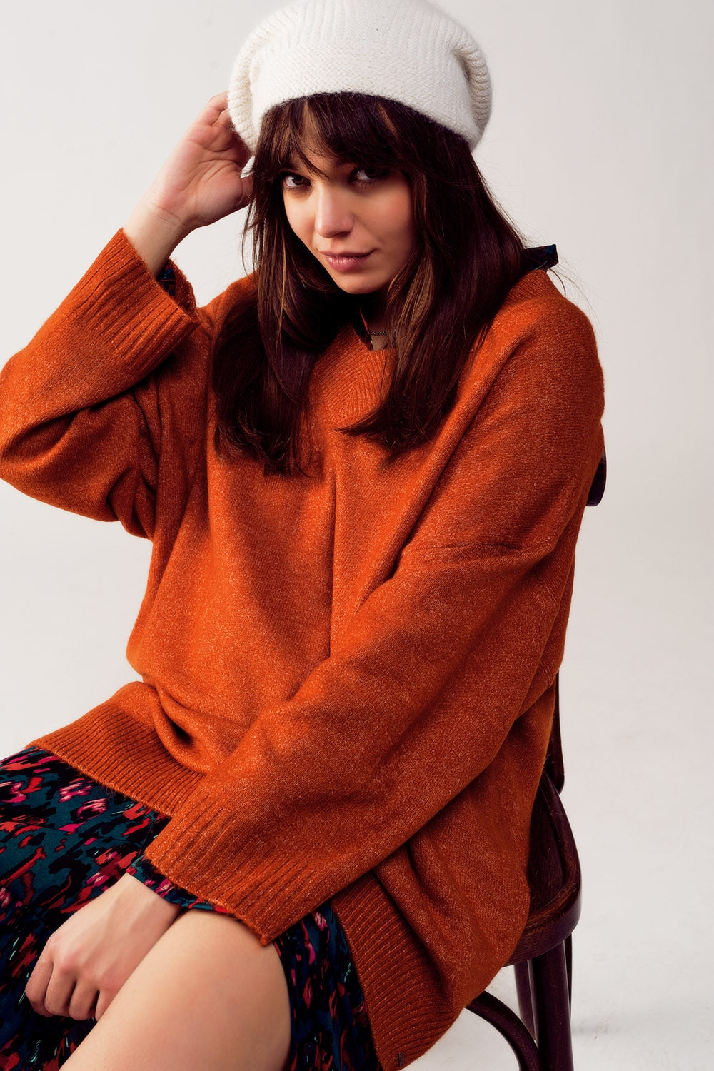 Vestido camisola oversize com decote em V laranja