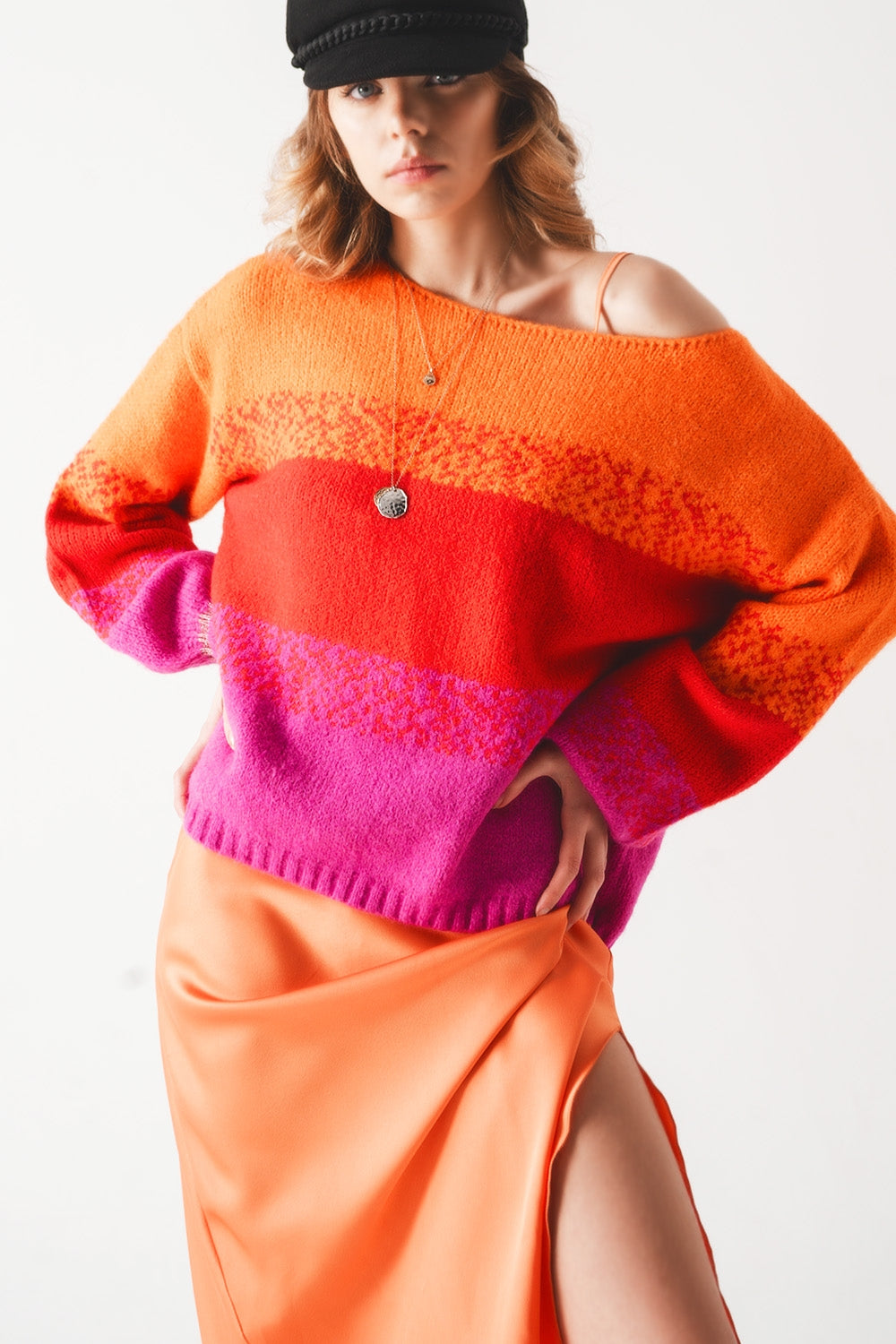 Camisola de malha laranja com riscas mélange
