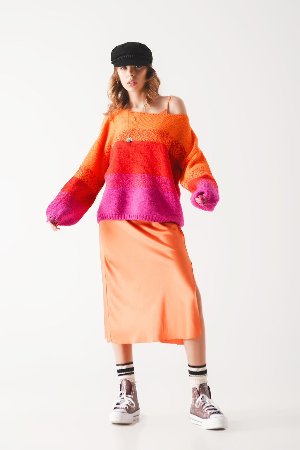 Camisola de malha laranja com riscas mélange