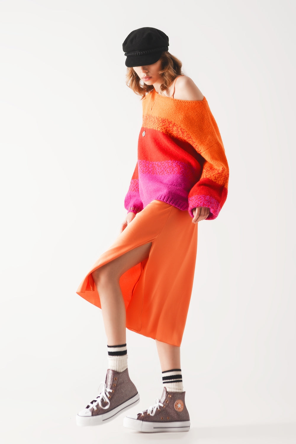 Camisola de malha laranja com riscas mélange