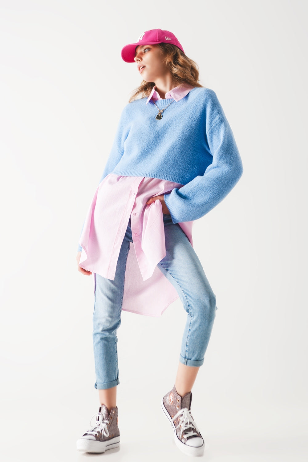 Camisola curta de malha azul