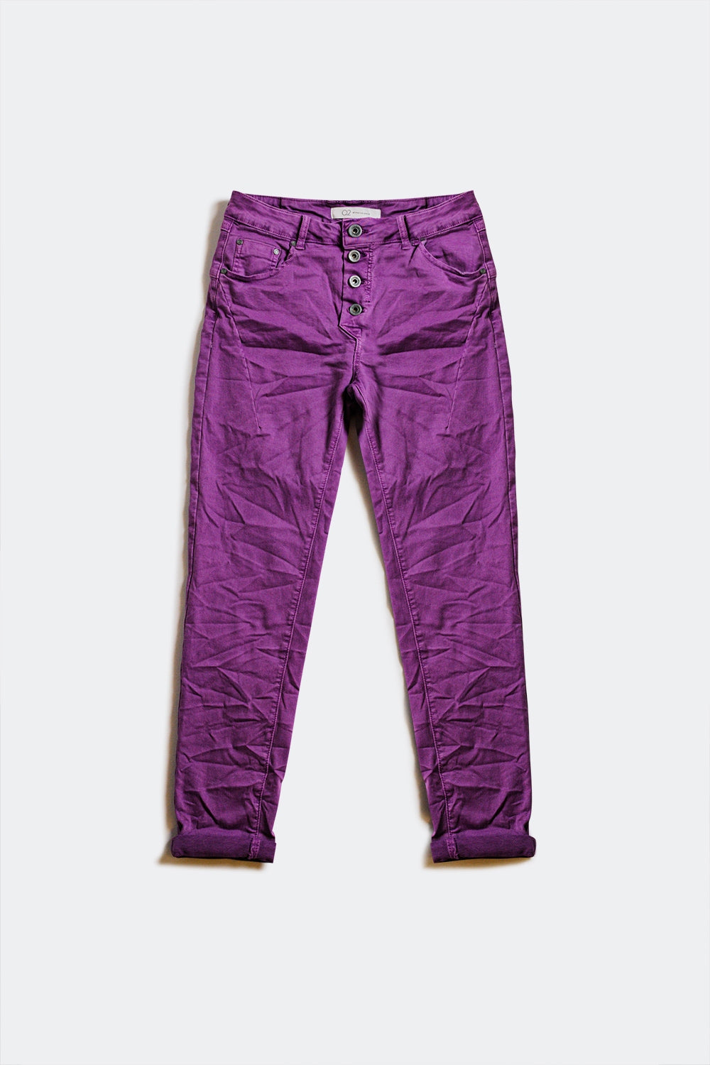 Calças de ganga skinny púrpura com fecho de botão exposto