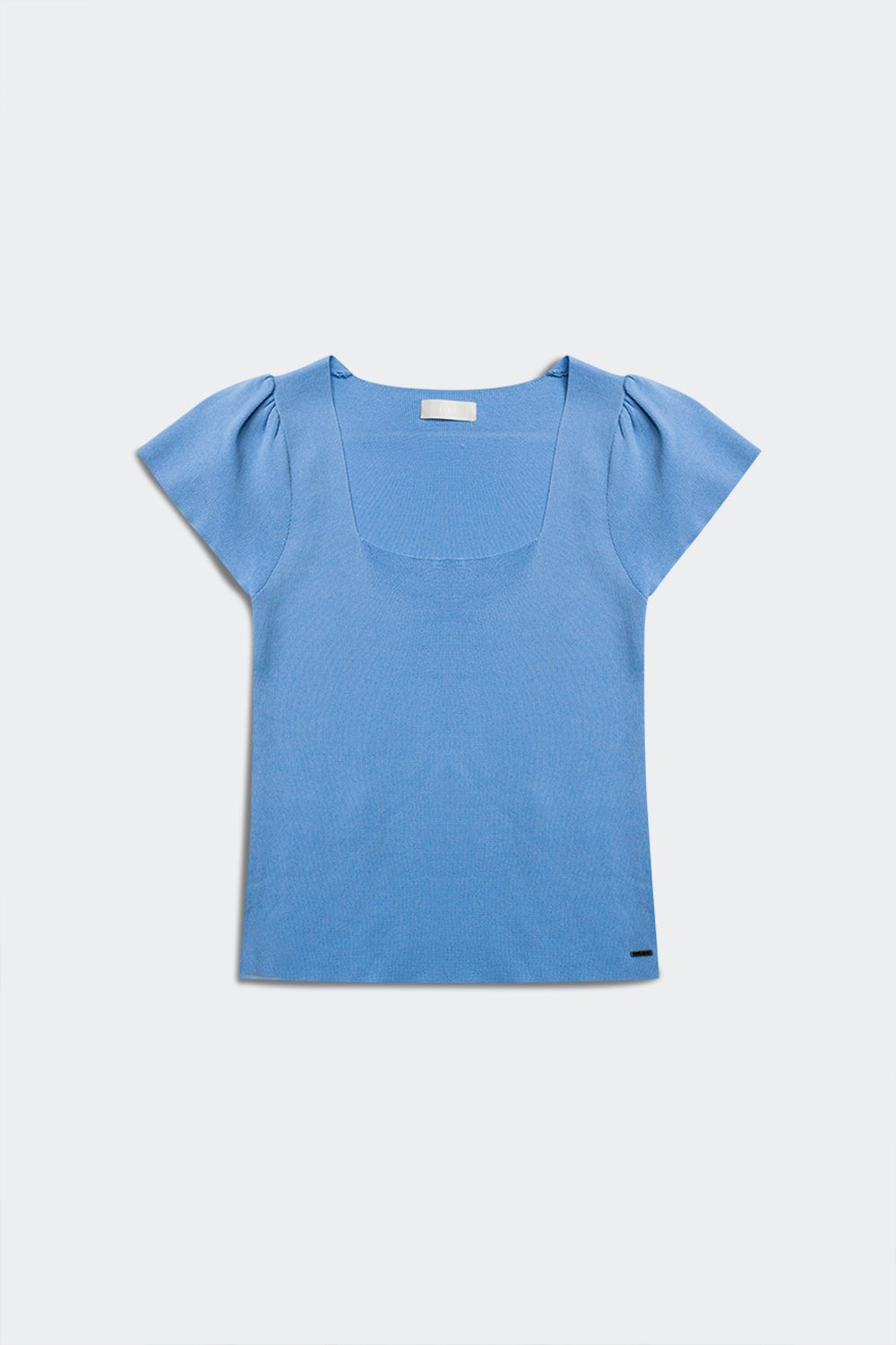 Camisola azul com decote quadrado e manga bufante