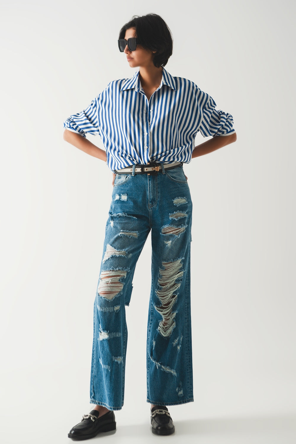 jeans boyfriend destruído em azul