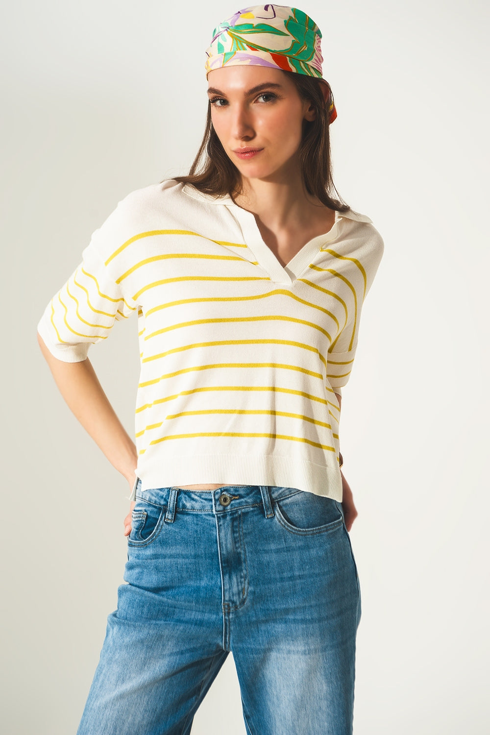 Camisola verde com pescoço de polo listrado modelo Vintage 70s