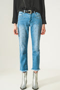 Jeans de lavagem leve com adornos de strass