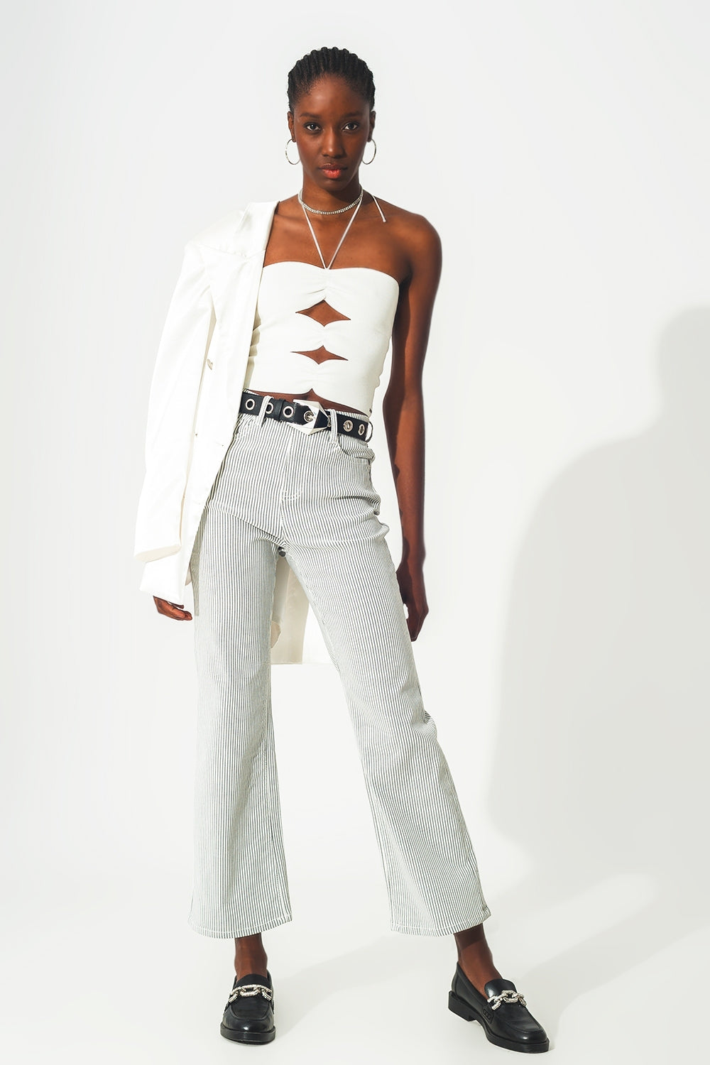 Calça flare listrada cinza