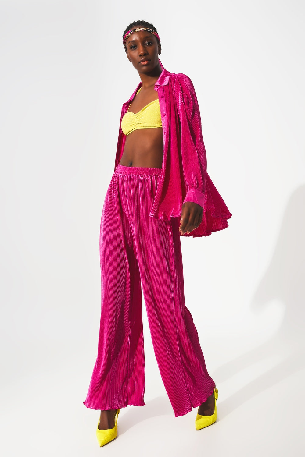 Camisa de cetim de pregas em fuchsia