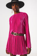 Top curto com decote redondo plissado em fuchsia