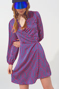 Vestido de embrulho de pescoço Mini V com impressão geométrica