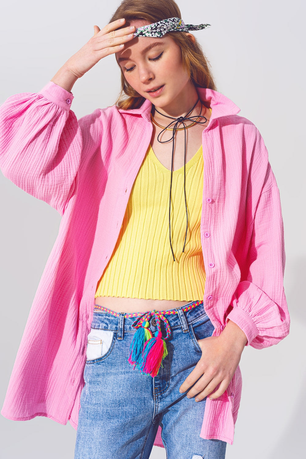 Camisa de ajuste livre texturada em cor de rosa